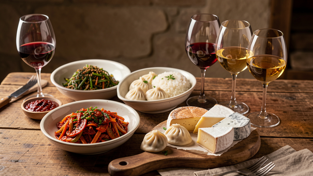 Table gourmande associant des plats coréens épicés et fermentés avec des vins rouges et dorés du Molise.