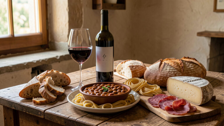 Table rustique présentant un vin rouge du Molise accompagné de plats traditionnels régionaux, de fromages affinés, de charcuterie et de pain de campagne.