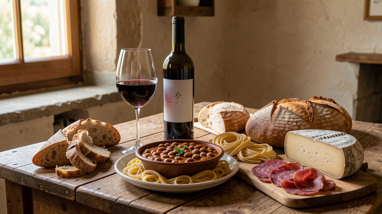 Table rustique présentant un vin rouge du Molise accompagné de plats traditionnels régionaux, de fromages affinés, de charcuterie et de pain de campagne.