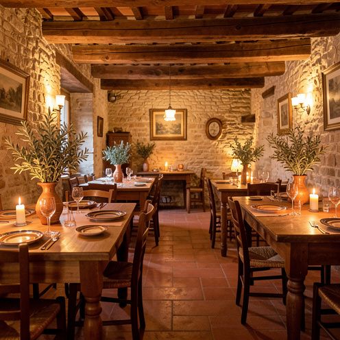 Salle chaleureuse d’un restaurant historique à Isernia, avec murs en pierre, poutres en bois et lumière ambrée