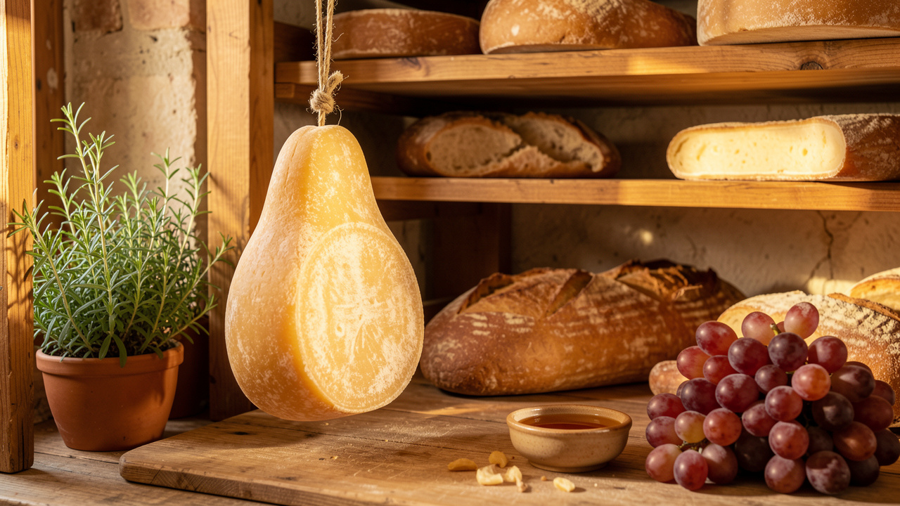 Fromage caciocavallo di Agnone suspendu dans une fromagerie artisanale rustique du Molise, accompagné de pain, de raisins, d’herbes fraîches et de miel.