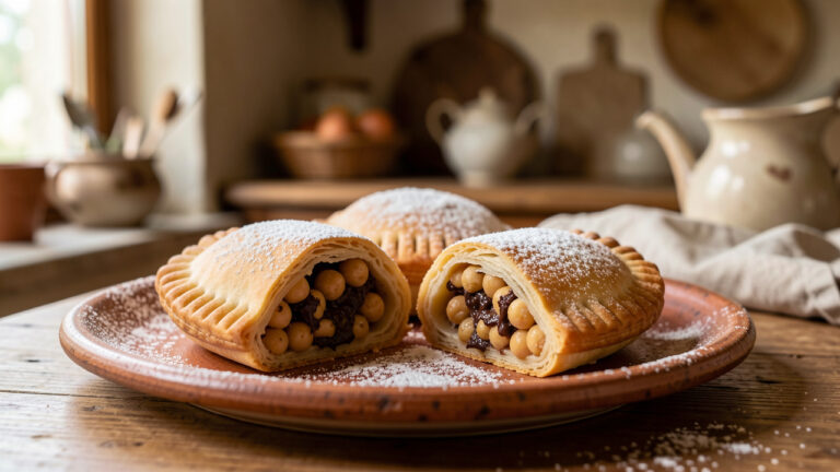 Calcioni molisani dolci dorés disposés sur une assiette rustique, avec une pâtisserie ouverte laissant voir sa garniture aux pois chiches et au chocolat noir.