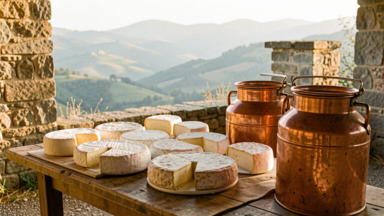 Caseificio artigianale dell'Alto Molise con formaggi freschi su un tavolo di legno, ambientato tra colline appenniniche e muri in pietra