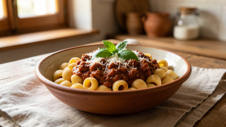 Bol rustique de cavatelli molisani faits maison, nappés de ragù riche et garnis de fromage râpé et de basilic frais.