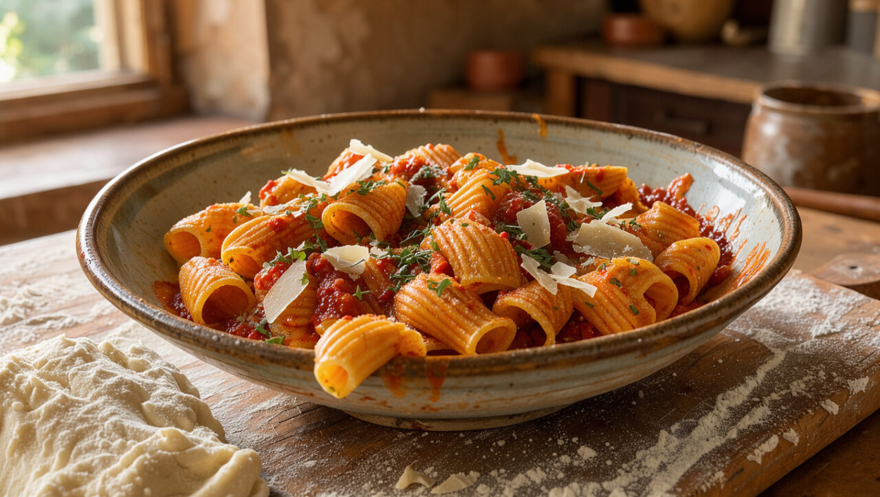 Cavatelli molisani fatti a mano serviti in una ciotola rustica con salsa di pomodoro, erbe aromatiche e formaggio, in un’atmosfera tradizionale di Isernia.