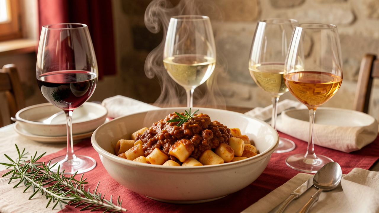 Bowlée de cavatelli au ragù molisan entourée de trois verres de vin aux styles différents, dans une ambiance rustique et chaleureuse.