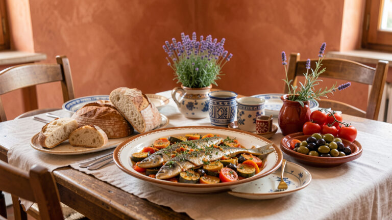 Table chaleureuse de cuisine provençale avec ratatouille, poisson aux herbes, pain rustique, olives, tomates et lavande dans une trattoria d’Isernia