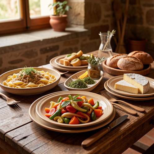 Table rustique présentant des plats traditionnels d’Isernia avec pâtes fraîches, légumes de saison, herbes locales, fromage artisanal et pain de campagne.