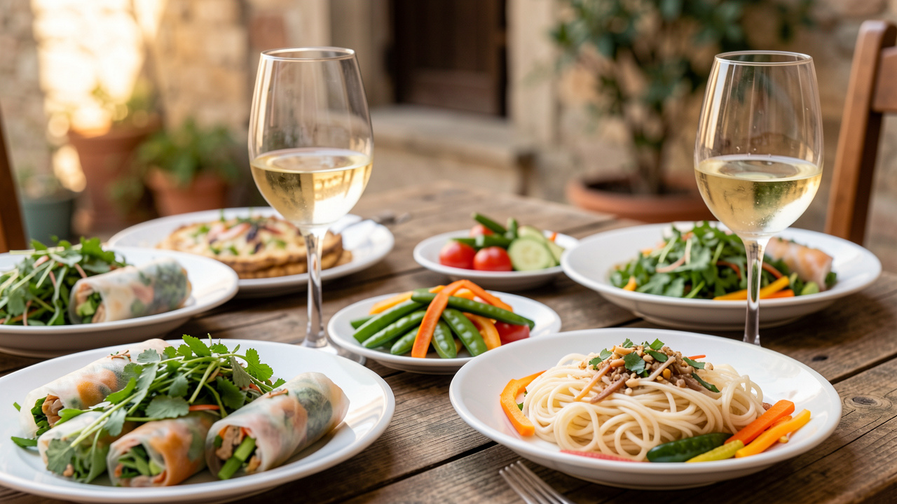Table gourmande présentant des spécialités vietnamiennes fraîches accompagnées de verres de vin blanc du Molise, dans une ambiance chaleureuse à Isernia.