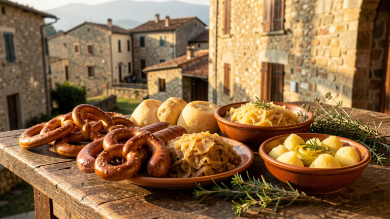 Table rustique présentant des spécialités de cuisine allemande dans un village ensoleillé du Molise, à Isernia.
