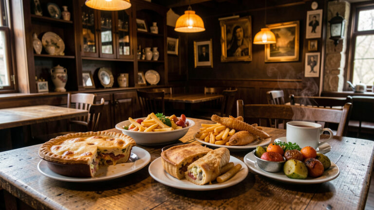 Table garnie de plats britanniques traditionnels dans un pub chaleureux d’Isernia