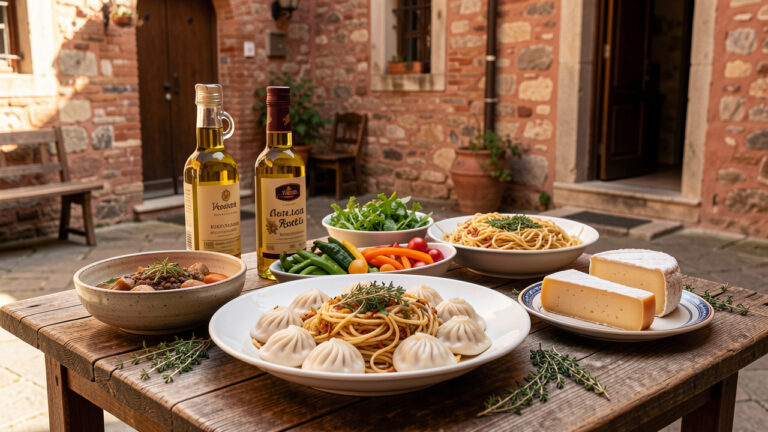 Table gourmande à Isernia réunissant des plats d’inspiration chinoise et des produits artisanaux du territoire dans une cour historique.