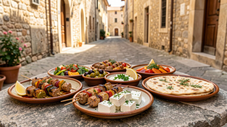 Table garnie de mezzés grecs, de brochettes de souvlaki, d'olives, de feta, de pain chaud et de citron dans une rue historique d'Isernia.