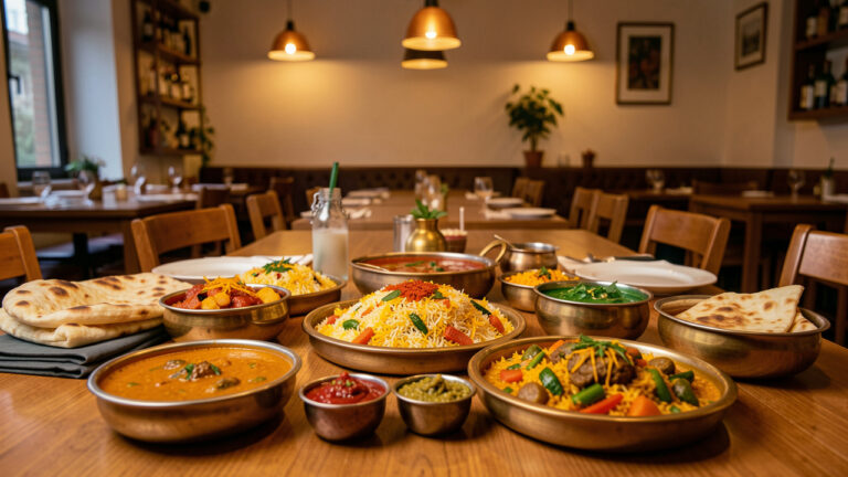 Table raffinée présentant des plats indiens colorés dans un restaurant chaleureux d’Isernia