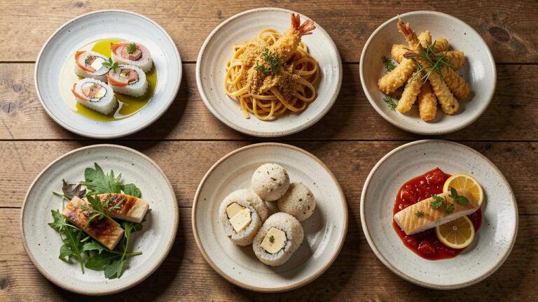 Cinq plats fusion joliment présentés, associant des ingrédients et des inspirations de la cuisine japonaise et de la cuisine du Molise.