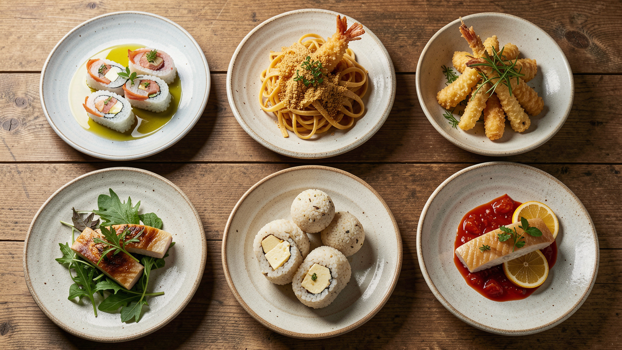 Cinq plats fusion joliment présentés, associant des ingrédients et des inspirations de la cuisine japonaise et de la cuisine du Molise.