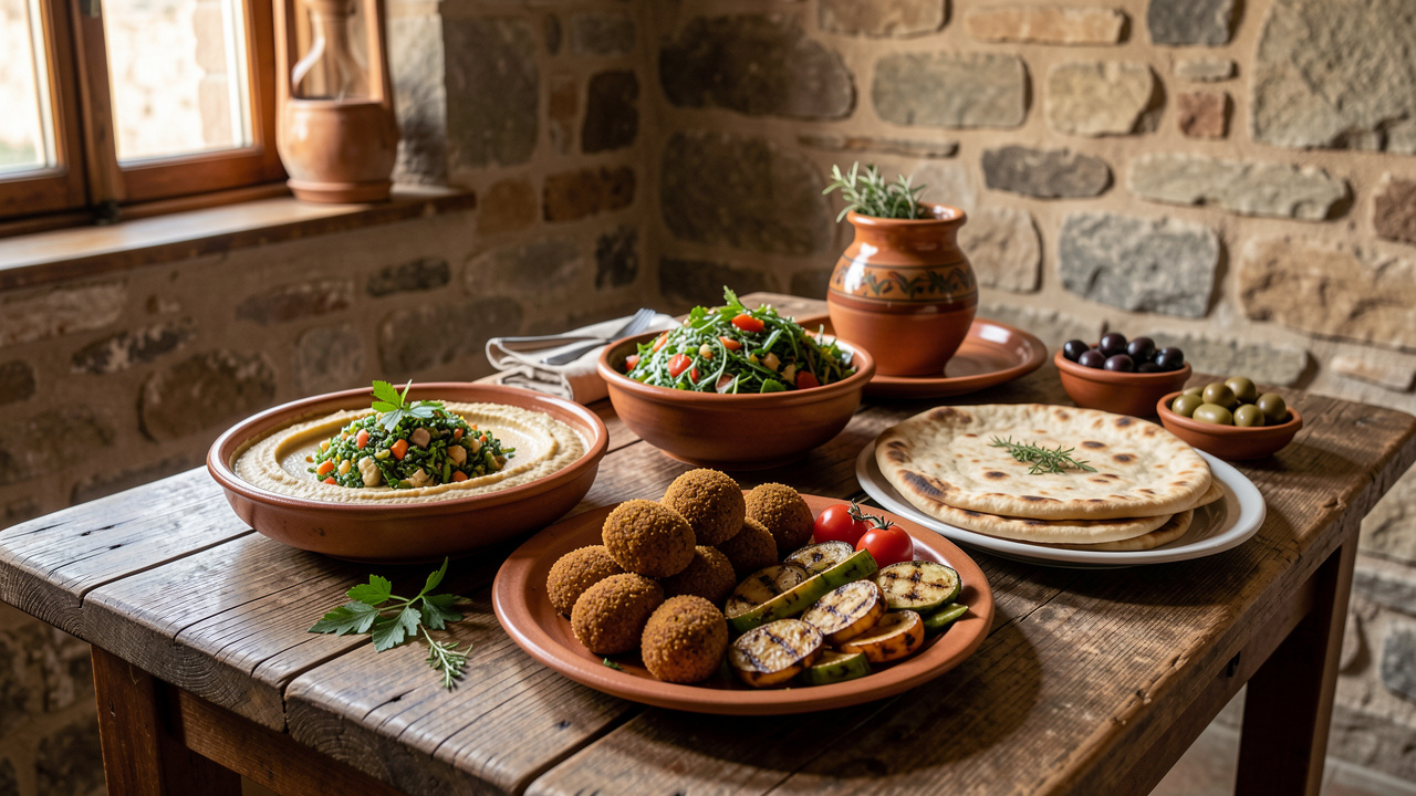 Table rustique à Isernia présentant des spécialités libanaises comme le houmous, les falafels, le taboulé, des légumes grillés, du pain plat et des herbes aromatiques, dans une atmosphère inspirée du Molise.