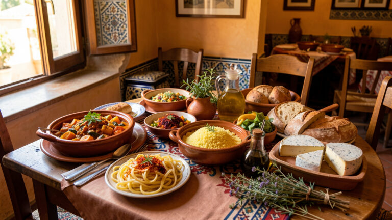 Table chaleureuse réunissant des plats marocains et des spécialités de la tradition molisana dans un restaurant d’Isernia.