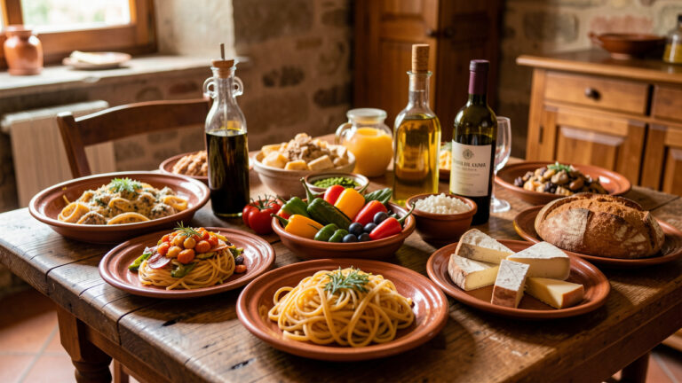 Table rustique présentant des plats méditerranéens traditionnels du Molise dans une trattoria d’Isernia.