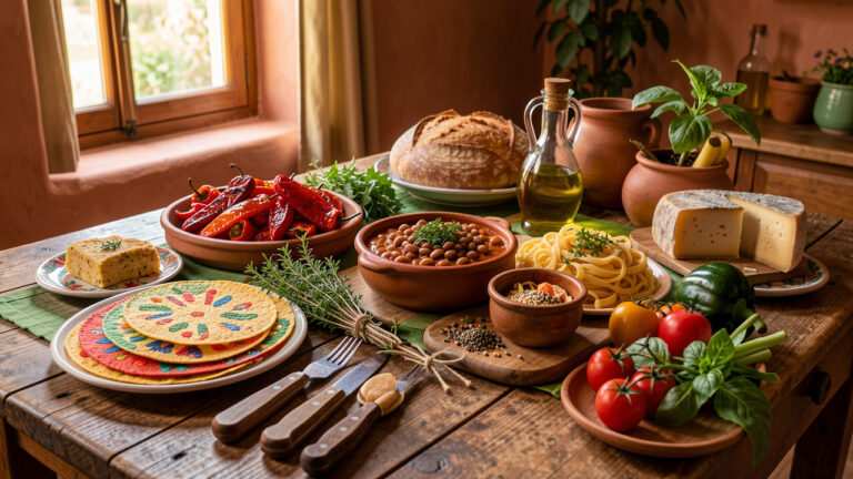 Table rustique présentant une sélection colorée de spécialités mexicaines et molisanes, avec tortillas, poivrons rôtis, pâtes artisanales, fromage, pain et légumes régionaux.