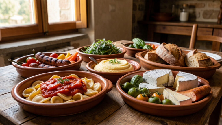 Table rustique présentant des spécialités culinaires du Molise à Isernia, avec des pâtes cavatelli, de la saucisse locale, de la polenta, des fromages artisanaux, du pain et des légumes de saison.