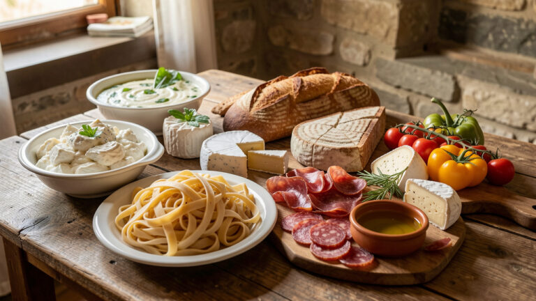 Table rustique présentant des spécialités authentiques du Molise, avec pâtes fraîches, fromages locaux, charcuterie, pain artisanal et légumes de saison.