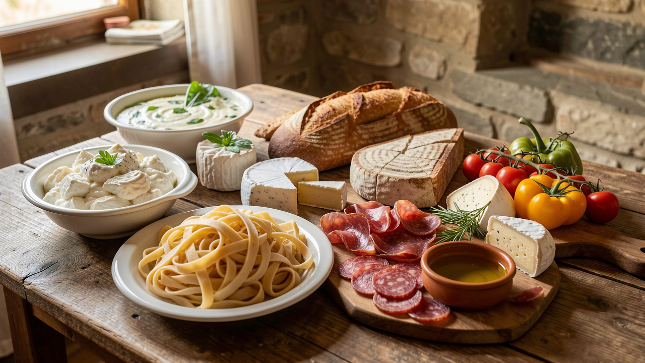 Table rustique présentant des spécialités authentiques du Molise, avec pâtes fraîches, fromages locaux, charcuterie, pain artisanal et légumes de saison.