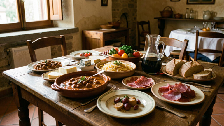 Table rustique présentant des spécialités authentiques du Molise dans une trattoria traditionnelle d’Isernia.
