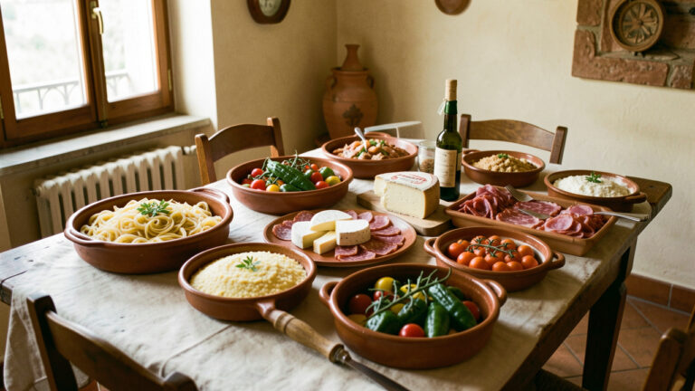 Table rustique présentant des spécialités authentiques du Molise dans une trattoria traditionnelle d’Isernia