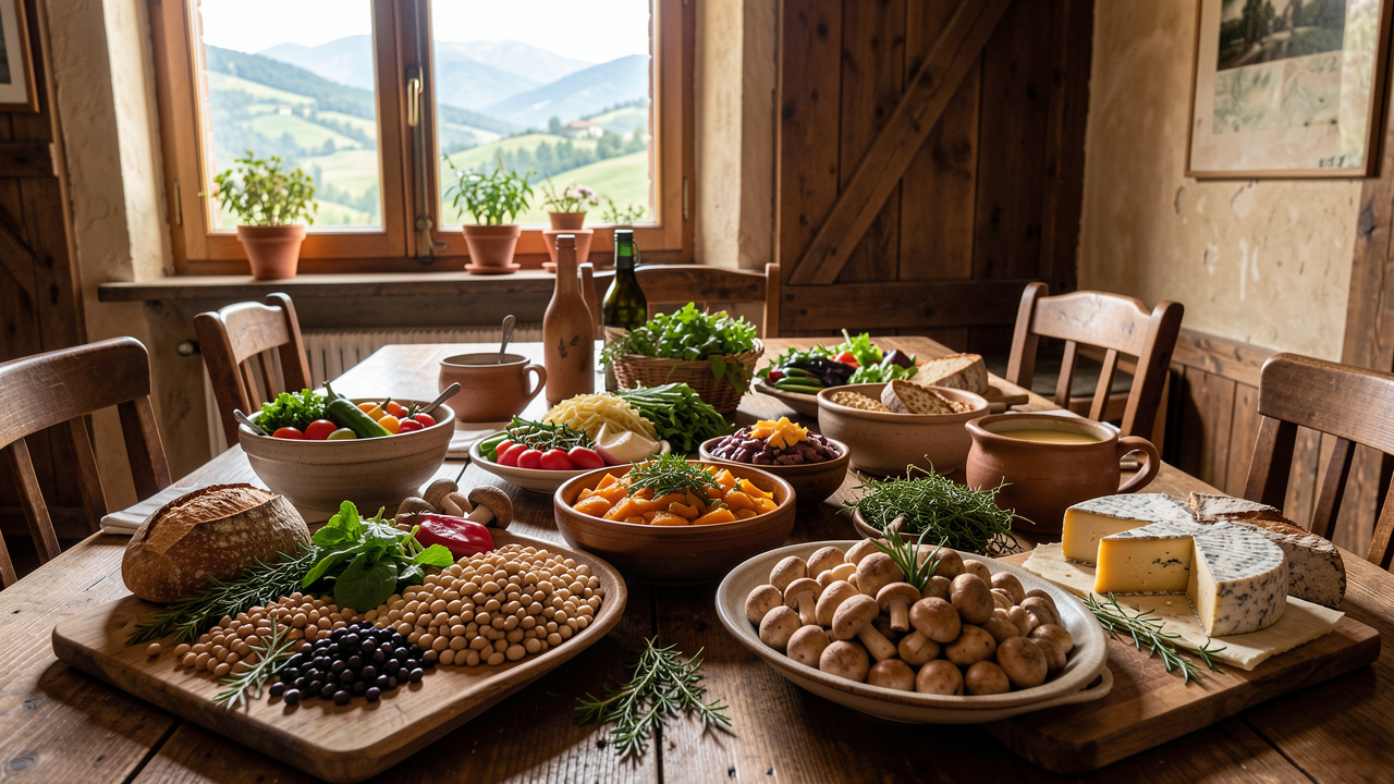 Table rustique d’un restaurant d’Isernia présentant des plats régionaux et des ingrédients frais du Molise au fil des saisons.