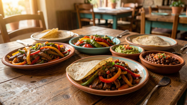Table chaleureuse de cuisine tex-mex avec fajitas, tortillas, guacamole, salsa et haricots épicés dans une trattoria d’Isernia.
