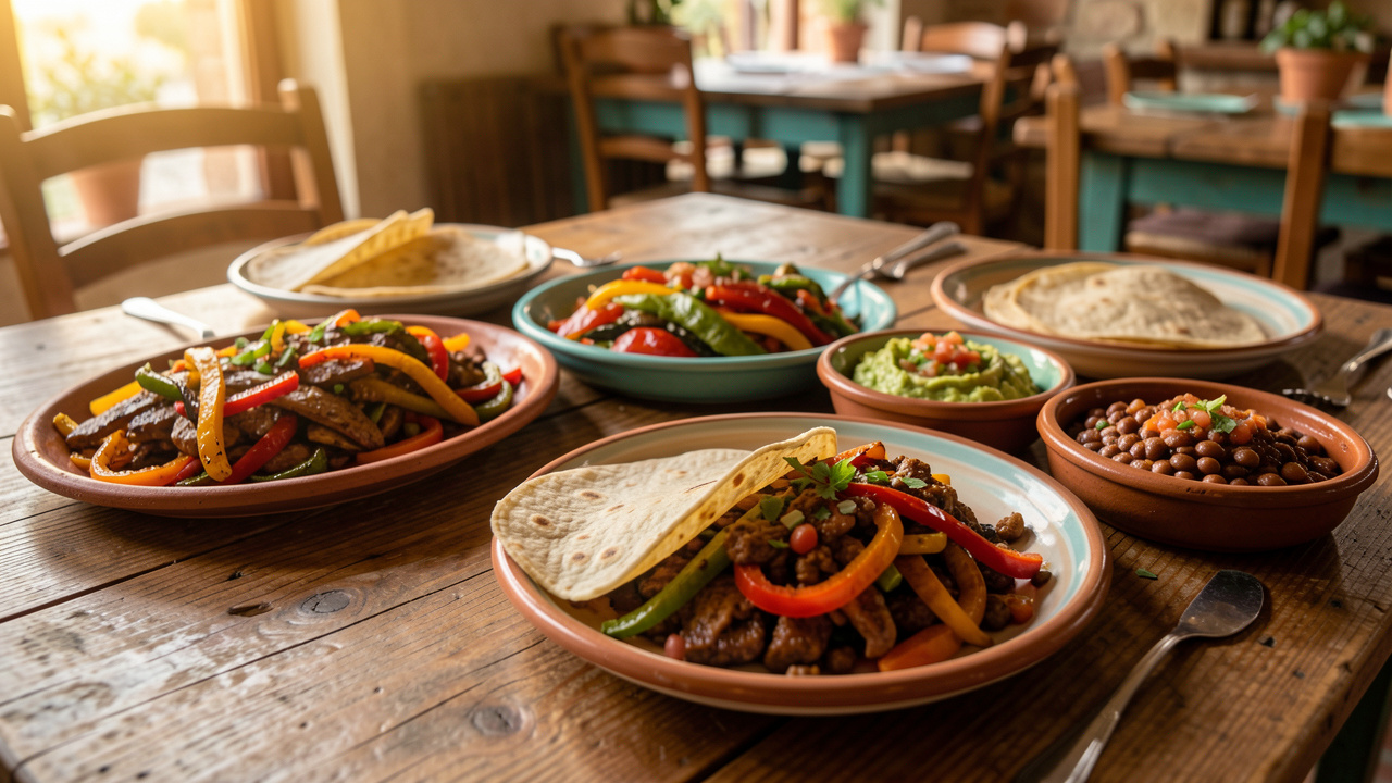 Table chaleureuse de cuisine tex-mex avec fajitas, tortillas, guacamole, salsa et haricots épicés dans une trattoria d’Isernia.