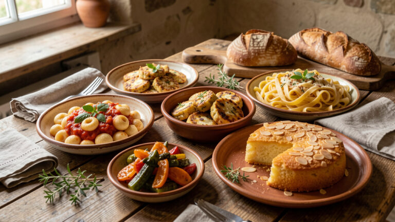 Table rustique présentant cinq plats traditionnels du Molise, avec pâtes fraîches, spécialités au fromage et aux œufs, légumes cuisinés et gâteau doré.