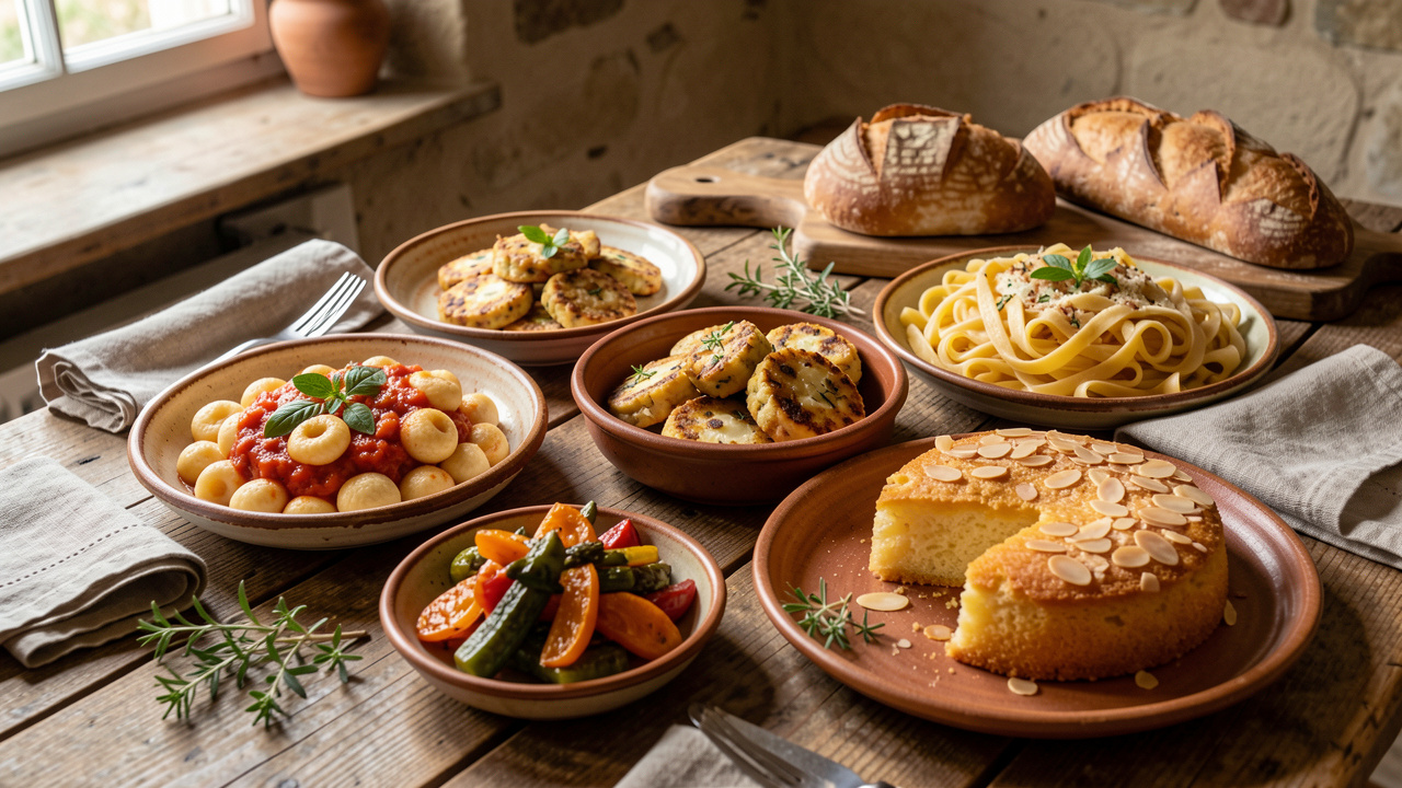 Table rustique présentant cinq plats traditionnels du Molise, avec pâtes fraîches, spécialités au fromage et aux œufs, légumes cuisinés et gâteau doré.