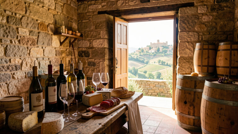 Cave viticole rustique près d’Isernia avec verres de vin, produits locaux, tonneaux en bois et village médiéval dans les collines du Molise