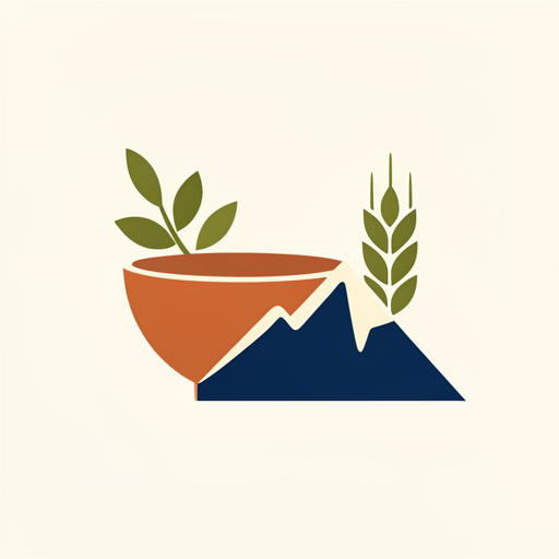 Emblème minimaliste représentant un bol, une branche d’olivier, un épi de blé et des montagnes dans des couleurs terracotta, vert olive, crème et bleu profond.