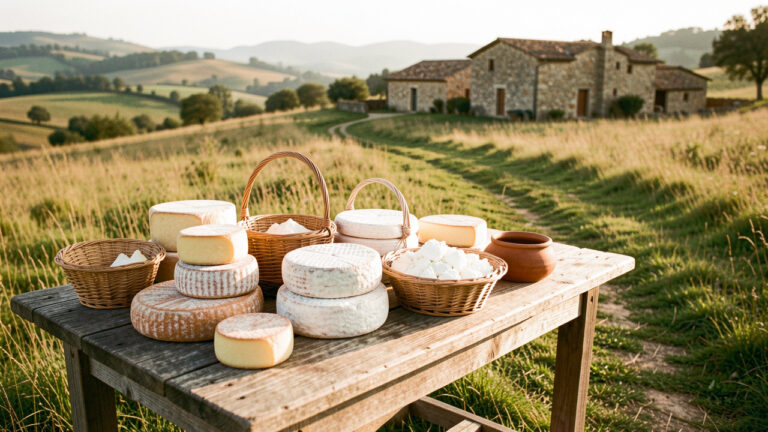 Assortiment de fromages artisanaux du Molise présenté sur une table rustique, avec un tratturo et des paysages vallonnés en arrière-plan.