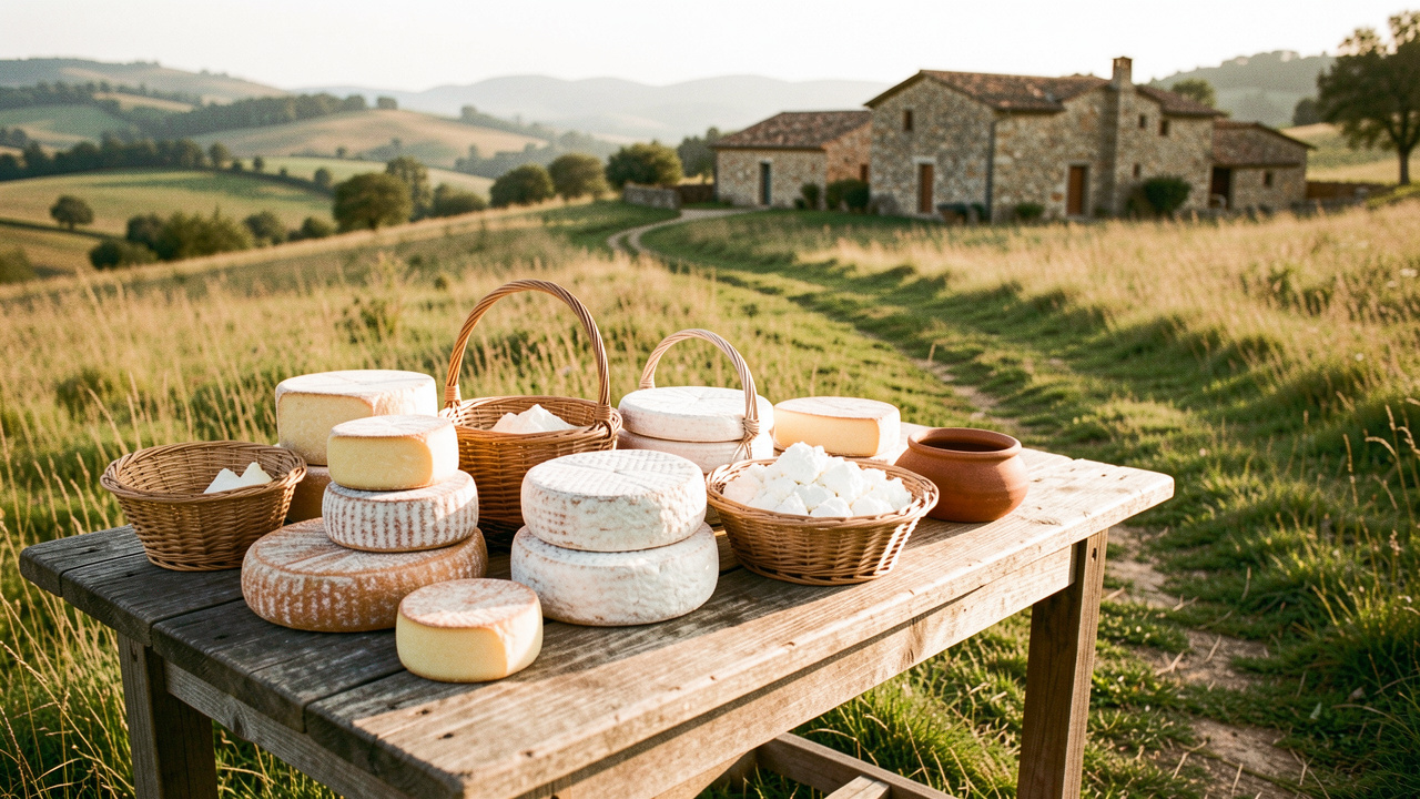 Assortiment de fromages artisanaux du Molise présenté sur une table rustique, avec un tratturo et des paysages vallonnés en arrière-plan.