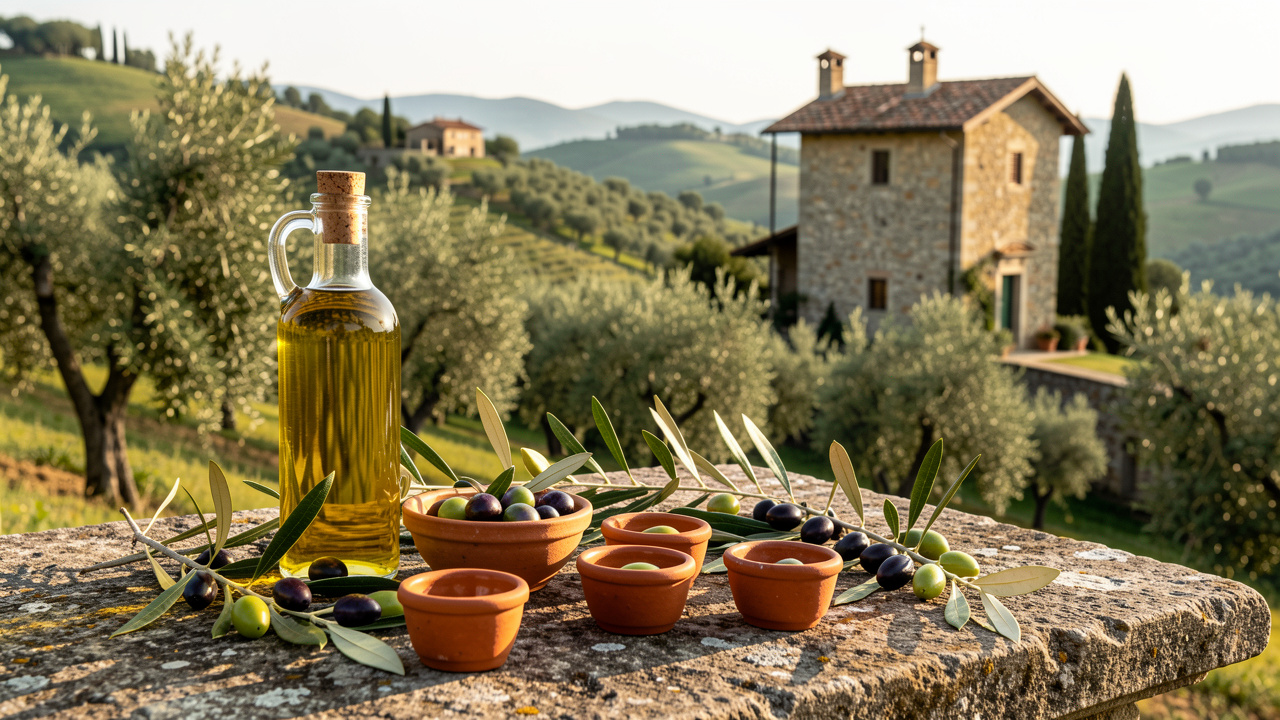 Huile d’olive extra vierge du Molise présentée avec des olives fraîches, des coupelles de dégustation et un ancien moulin en pierre près d’Isernia.