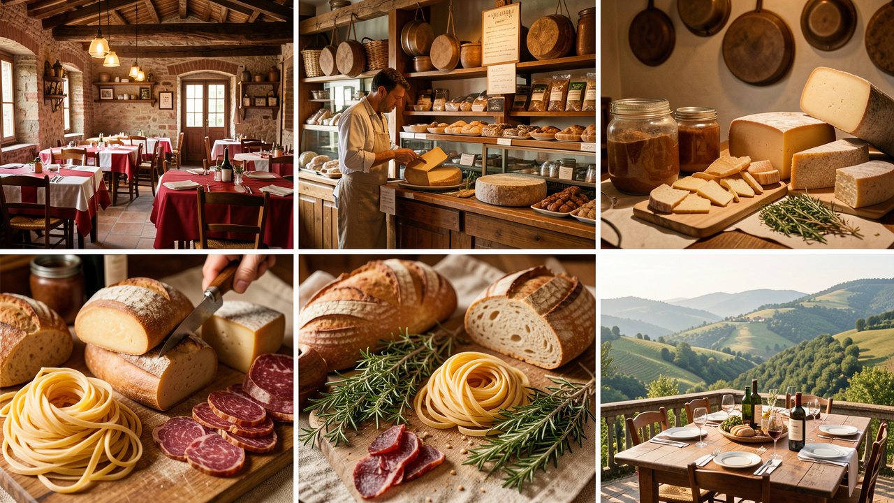 Table rustique présentant des spécialités molisanes, avec fromages affinés, pâtes artisanales, charcuteries, pain frais et herbes locales dans un cadre chaleureux des collines d’Isernia.