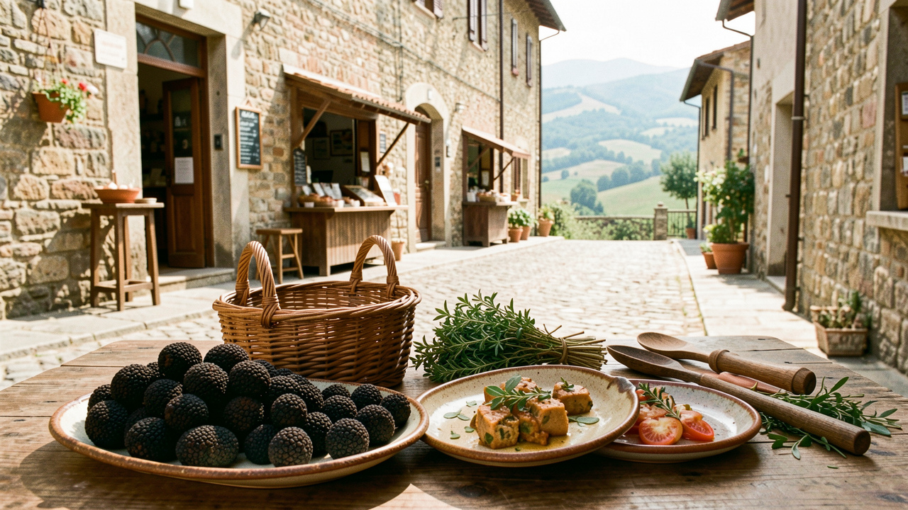 Truffes noires et blanches, plats régionaux et ustensiles artisanaux devant une ruelle en pierre d’un village du Molise, entourée de collines.