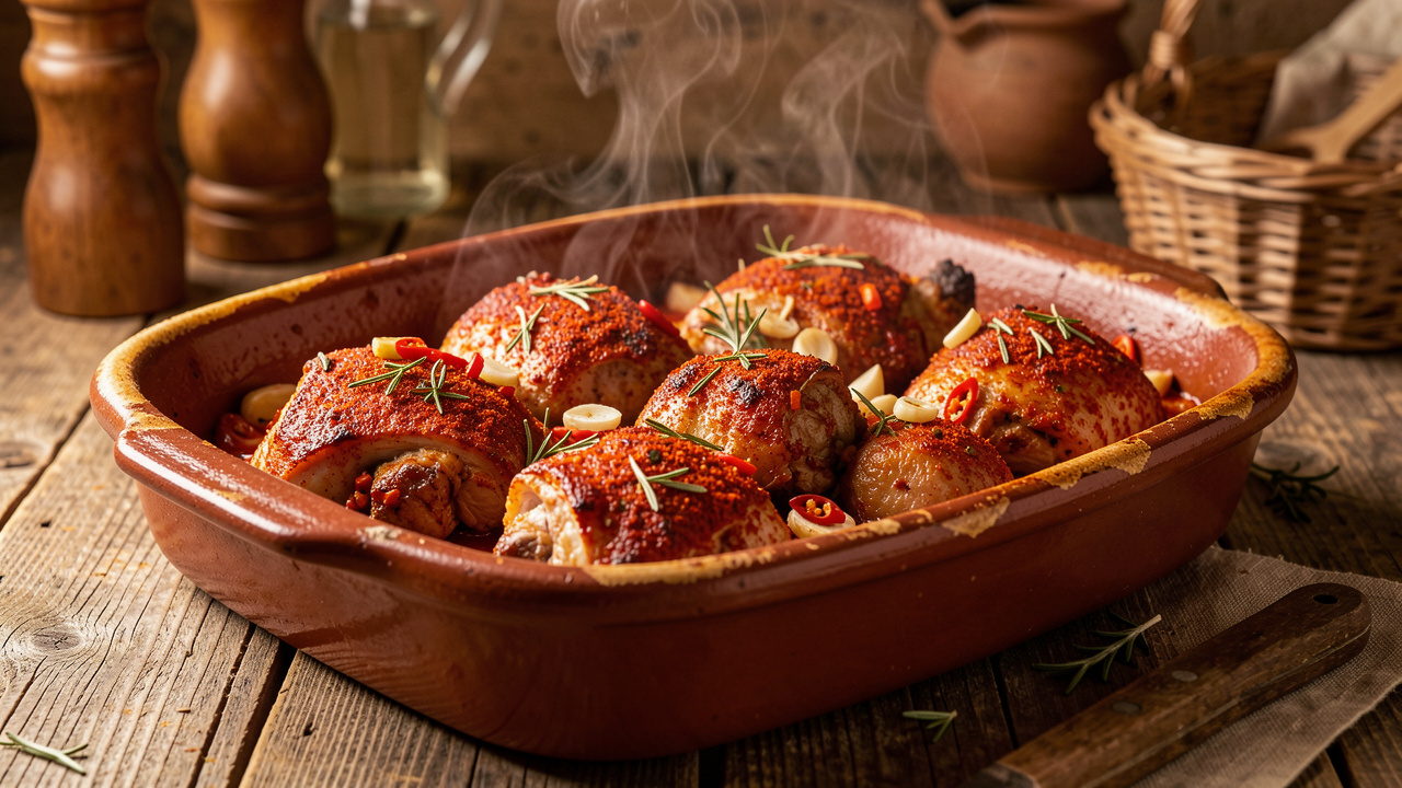 Plat traditionnel de porc épicé à la paprika et aux herbes, cuit au four dans un plat en terre cuite.