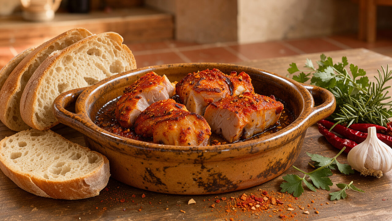 Plat traditionnel de pampanella molisana, spécialité de porc cuite au four et généreusement assaisonnée de paprika et d’épices, servi dans un plat rustique.