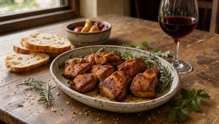 Plat rustique de pampanella molisana, porc épicé accompagné d’un verre de vin rouge, de pain croustillant et d’herbes fraîches.