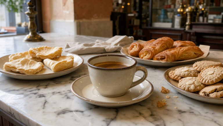 Table de petit déjeuner dans un café historique d’Isernia, avec des pâtisseries molisanes, des biscuits aux amandes et une tasse d’espresso.