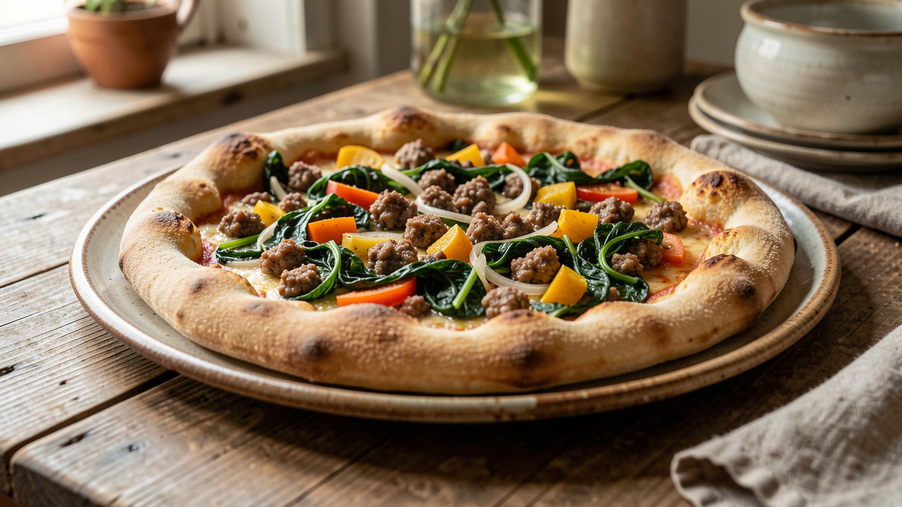 Pizza rustique de maïs du Molise garnie de saucisse émiettée et de légumes de saison, servie sur une table de ferme italienne.