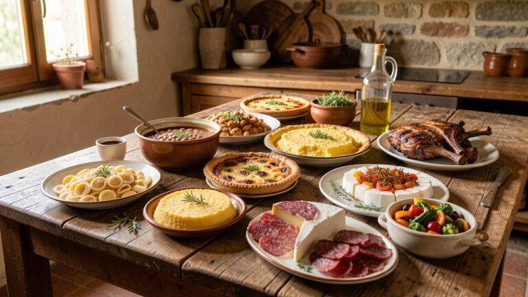 Assortiment de plats traditionnels du Molise présenté sur une table en bois rustique dans une cuisine chaleureuse.