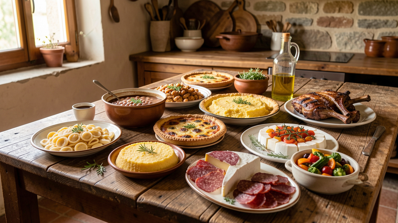 Assortiment de plats traditionnels du Molise présenté sur une table en bois rustique dans une cuisine chaleureuse.