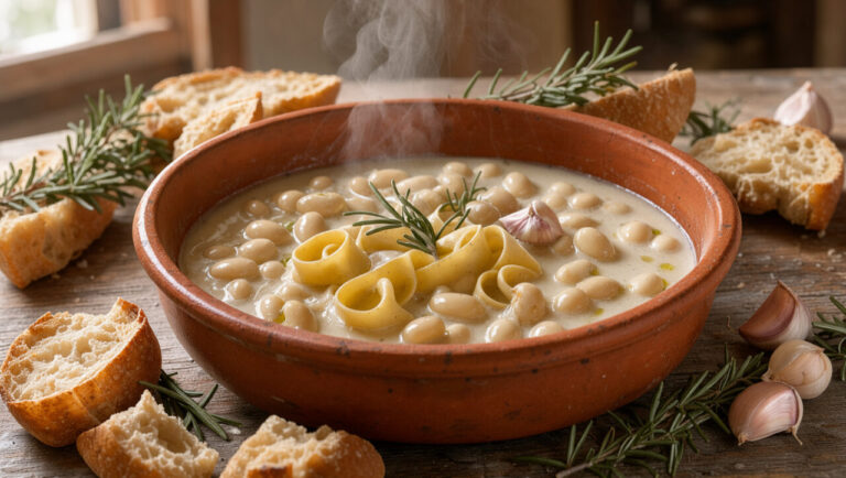 Bol en terre cuite contenant une soupe rustique de pâtes fraîches et de haricots blancs, garnie de romarin et servie avec du pain croustillant sur une table de ferme.