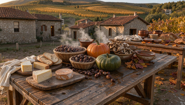 Ambiance chaleureuse d’une fête gastronomique automnale dans un village vallonné du Molise, avec des tables rustiques garnies de produits régionaux, de châtaignes, de champignons, de courges et de plats en terre cuite.